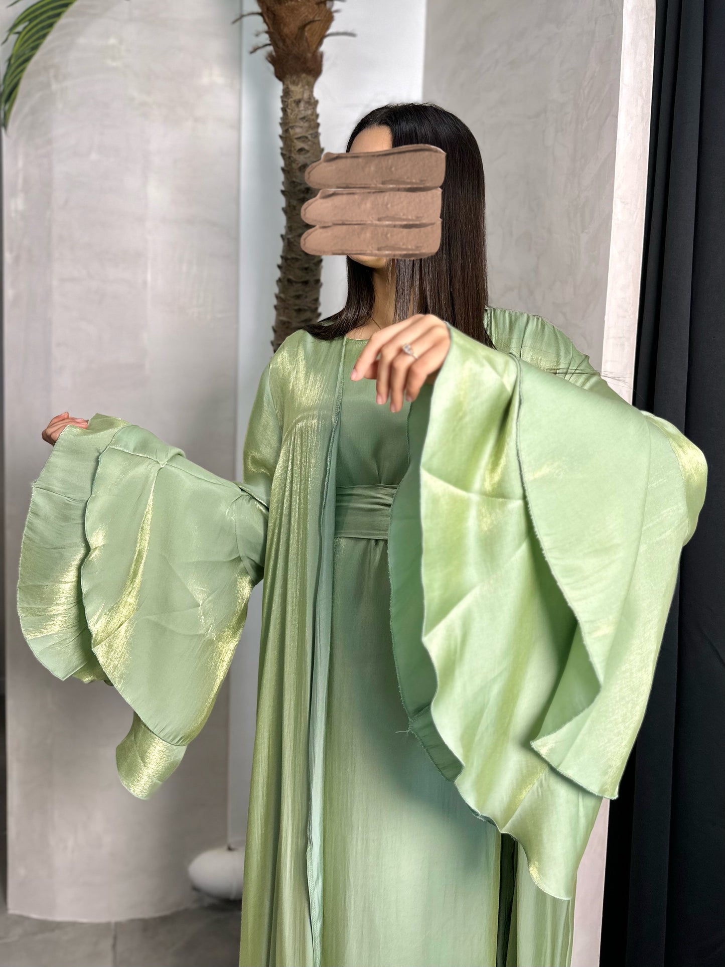 ENSEMBLE ROBE + KIMONO VERT IRRISÉ