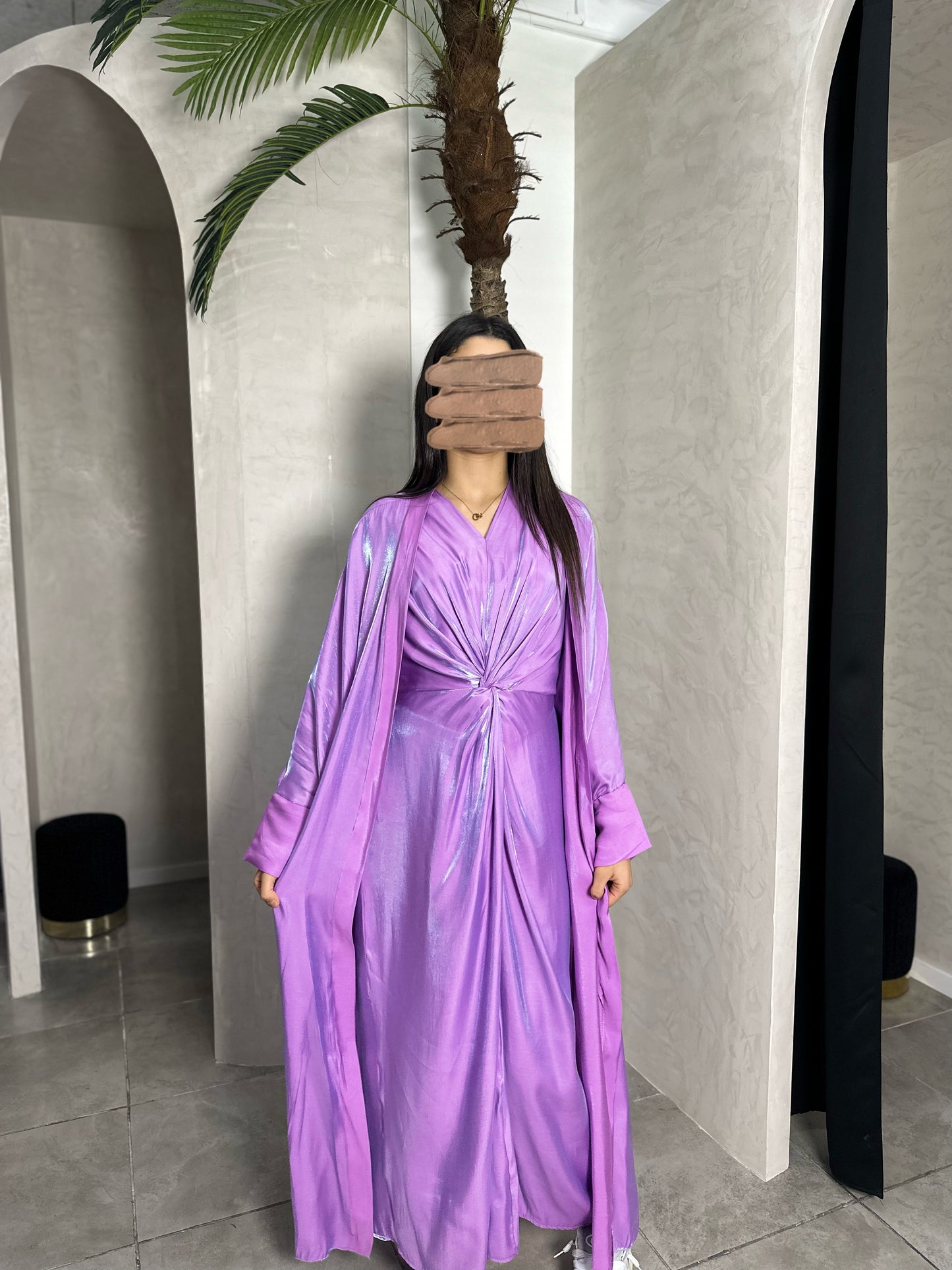 ENSEMBLE ROBE NOUÉE + KIMONO VIOLET IRRISÉ